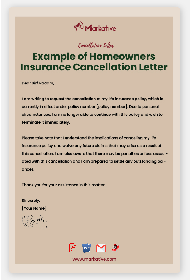 Example of Homeowners Insurance Cancellation Letter