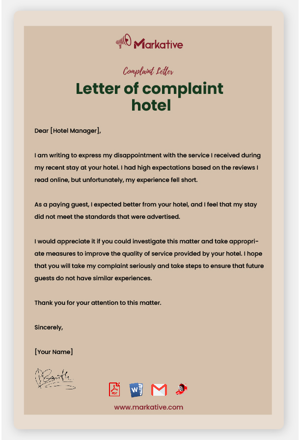 Example of Letter of Complaint Hotel