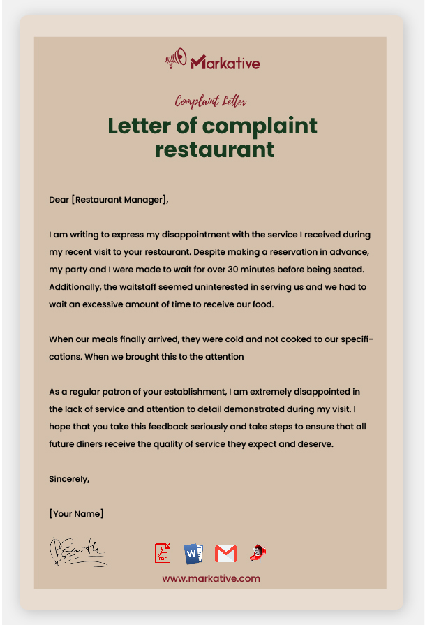 Example of Letter of Complaint Restaurant