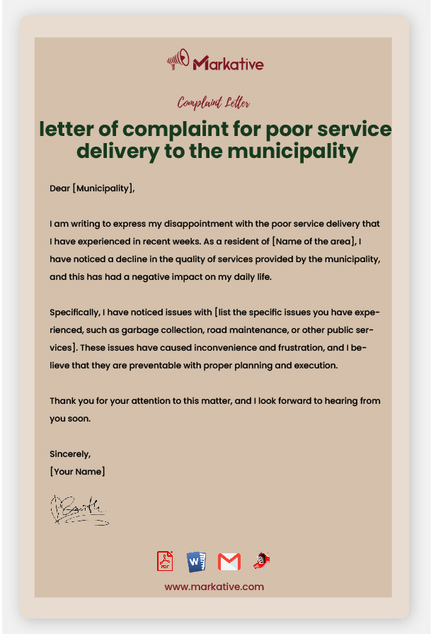 Example of Letter of Complaint for Poor Service Delivery to the Municipality