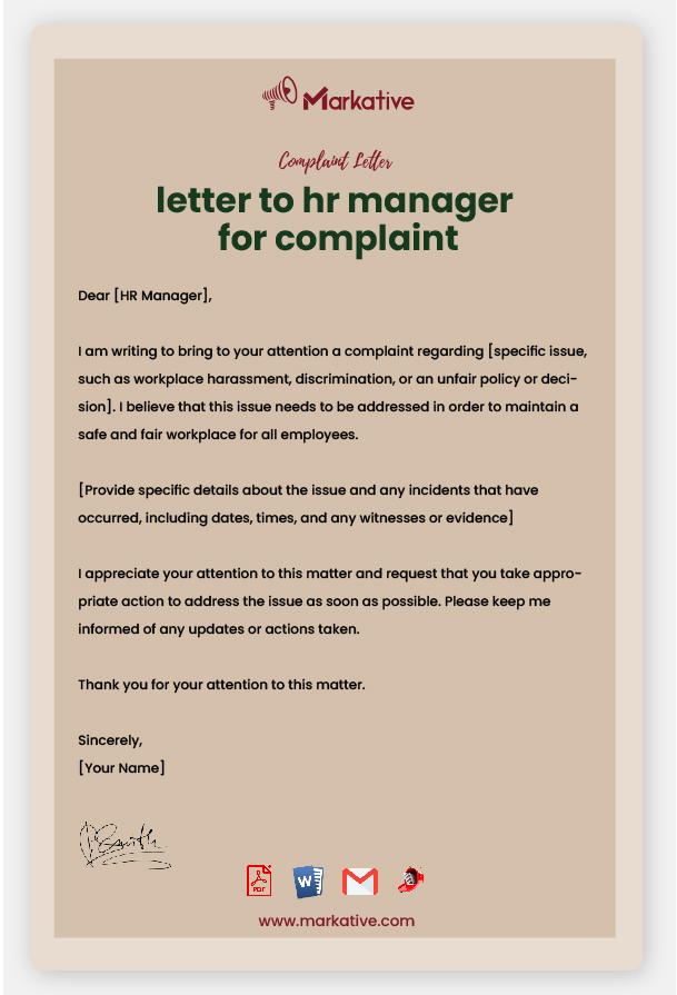 Example of Letter to HR Manager for Complaint