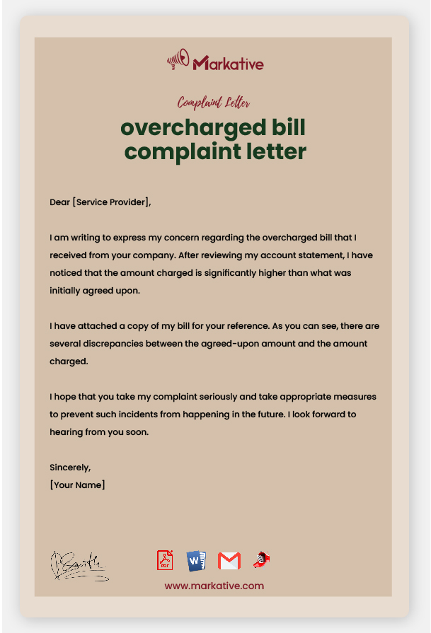 Example of Overcharged Bill Complaint Letter