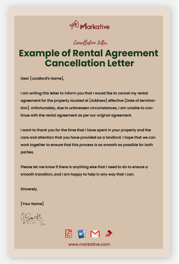 Example of Rental Agreement Cancellation Letter