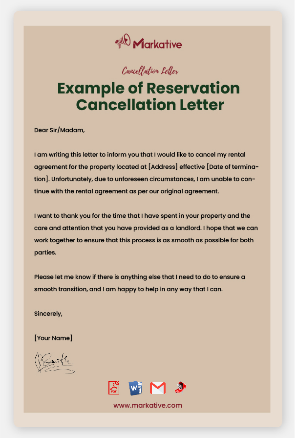 Example of Reservation Cancellation Letter