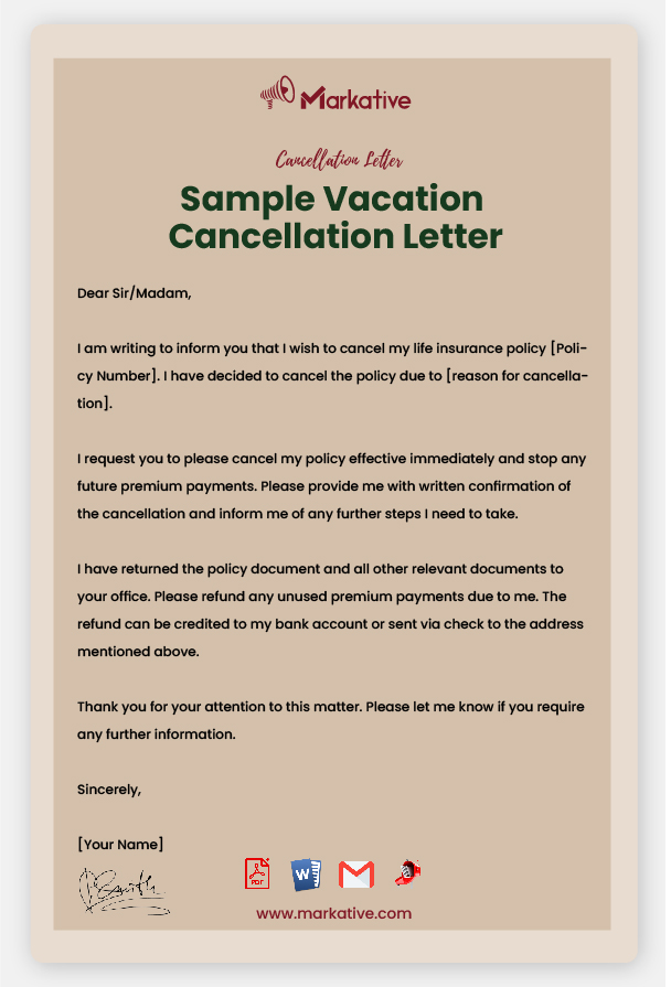 Example of Vacation Cancellation Letter