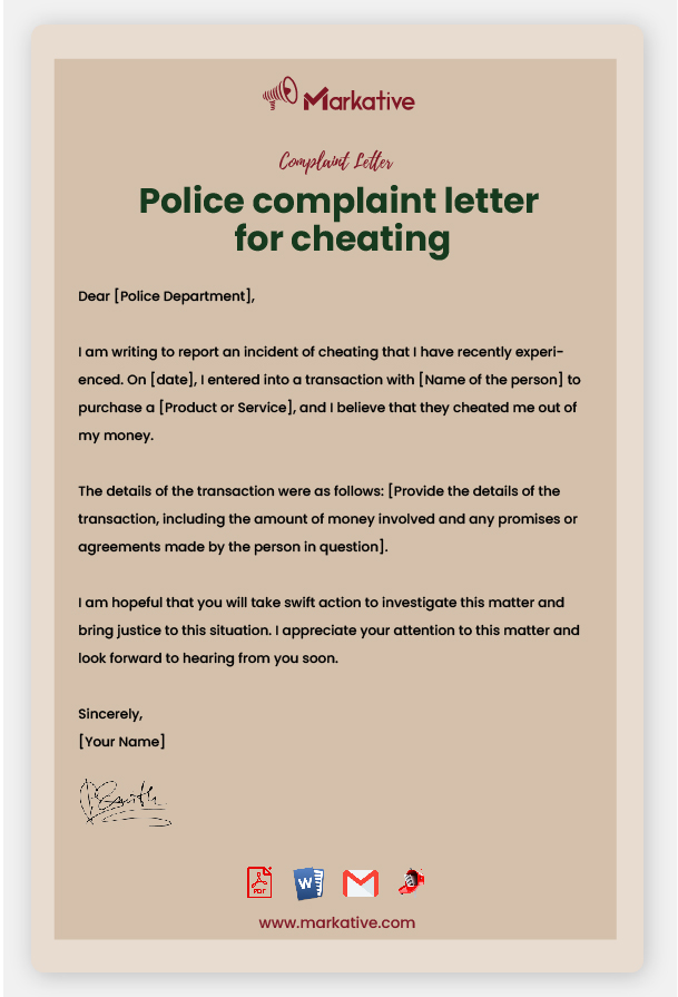 Example police complaint letter for cheating
