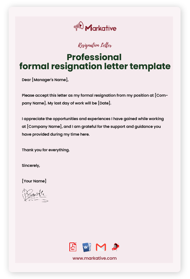 Formal Resignation letter sample with notice period without Notice Period