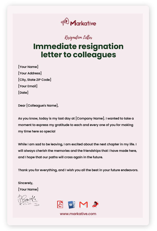 Heartfelt Farewell Letter to Colleagues without Notice Period