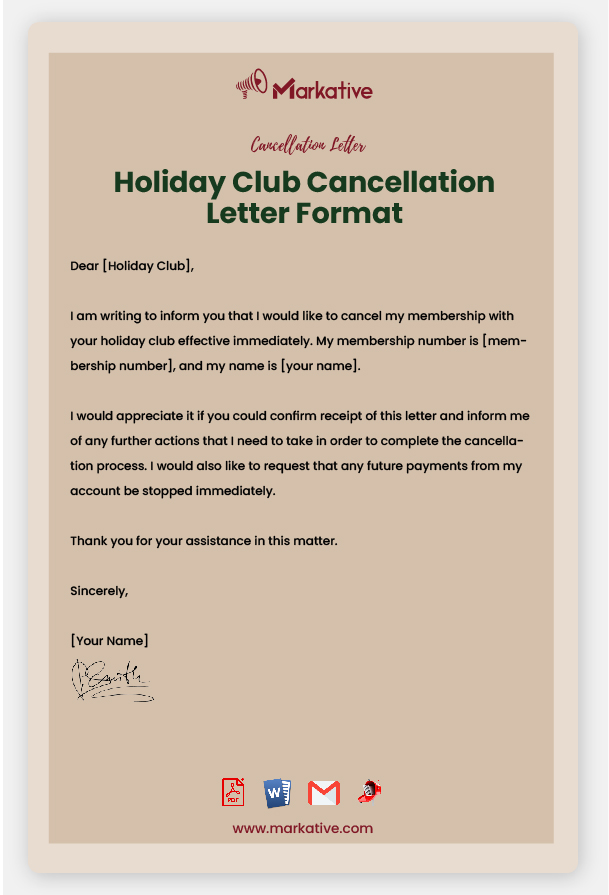 Holiday Club Cancellation Letter Format