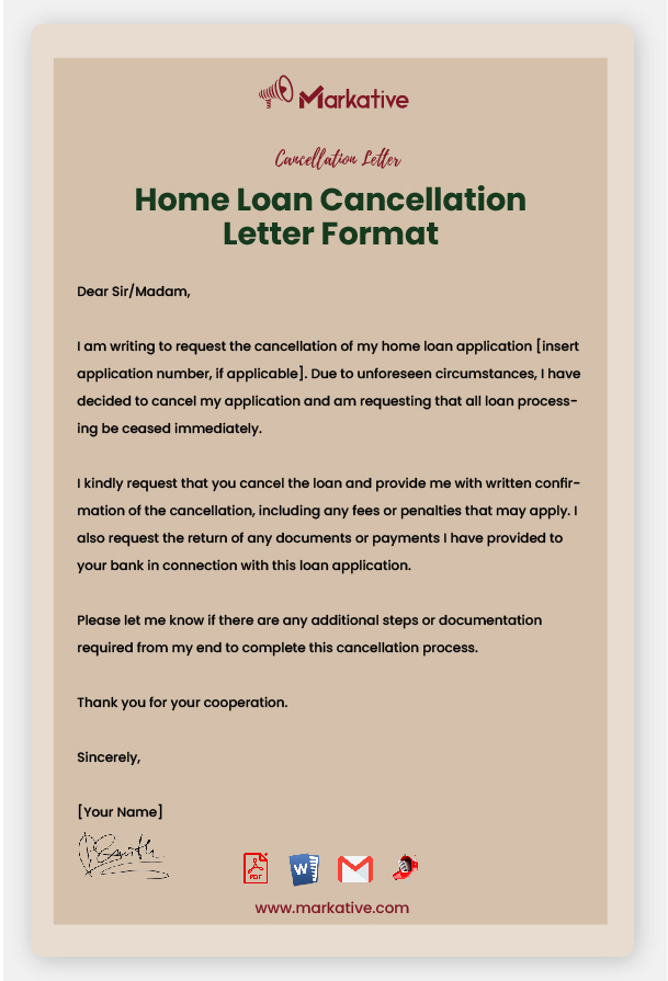 Home Loan Cancellation Letter Format