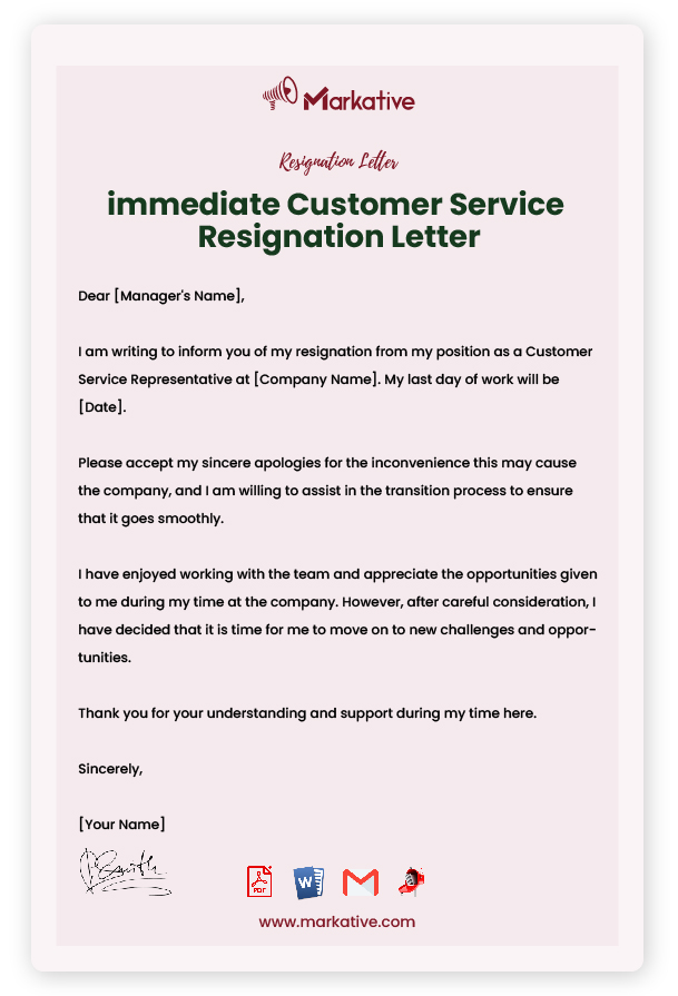 Immediate Customer Service Resignation Letter