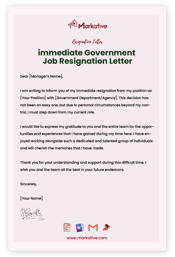 Immediate Government Job Resignation Letter