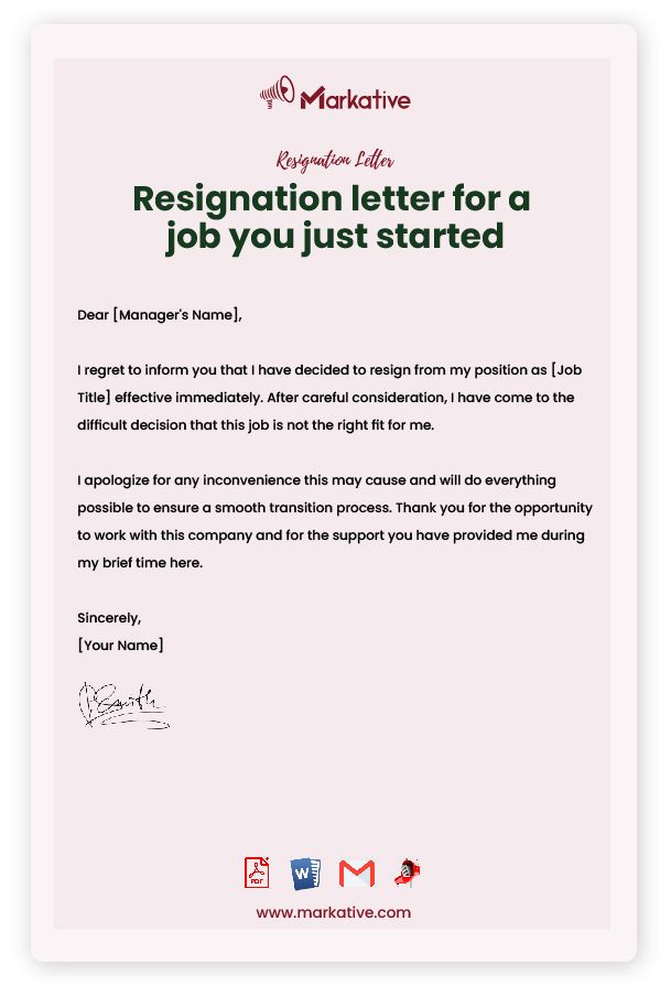 Immediate Resignation Letter for a Job you just started