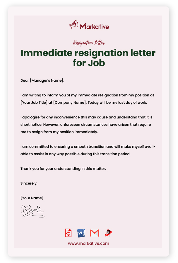 Immediate Resignation Letter with Notice Period
