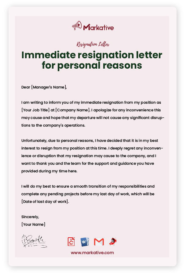 Immediate resignation letter for personal reasons Sample