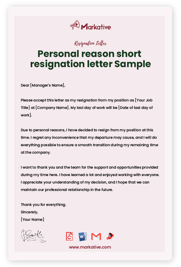 Personal reason short resignation letter Sample