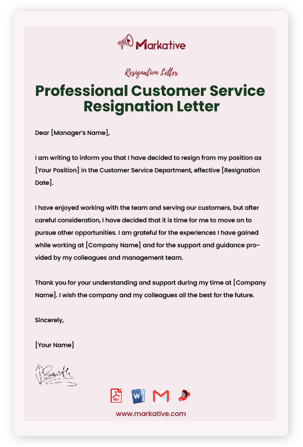 Professional Customer Service Resignation Letter