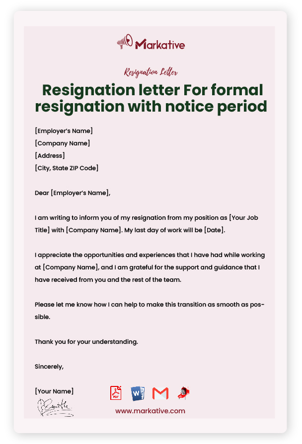 Professional Formal Resignation letter sample with notice period