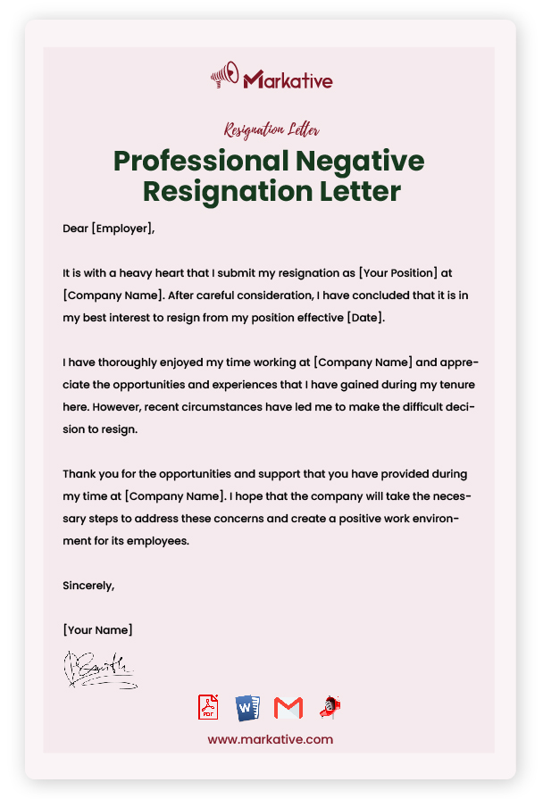 Professional Negative Resignation Letter