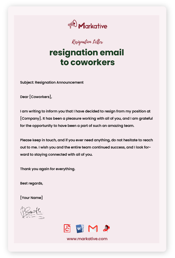 Professional Resignation Email to Coworkers