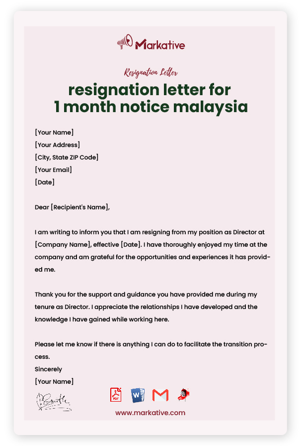 Professional Resignation Letter 1 Month Notice