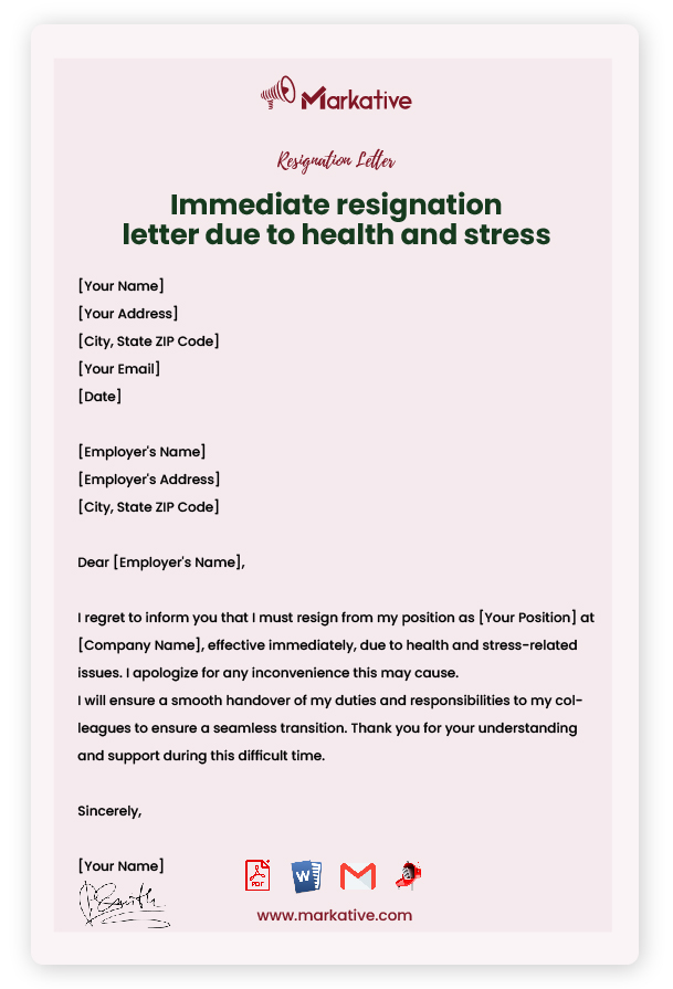 Professional Resignation Letter Due to Health and Stress