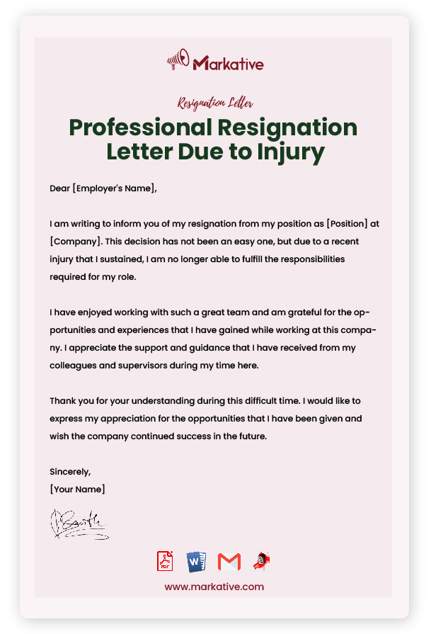 Professional Resignation Letter Due to Injury