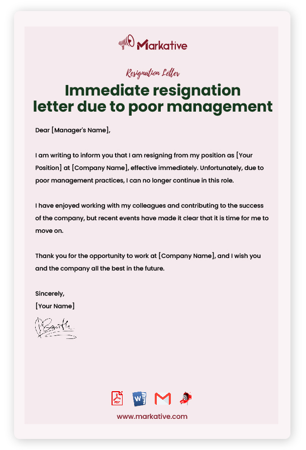 Professional Resignation Letter Due to Poor Management