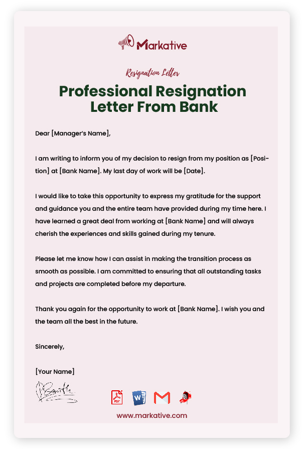 Professional Resignation Letter From Bank