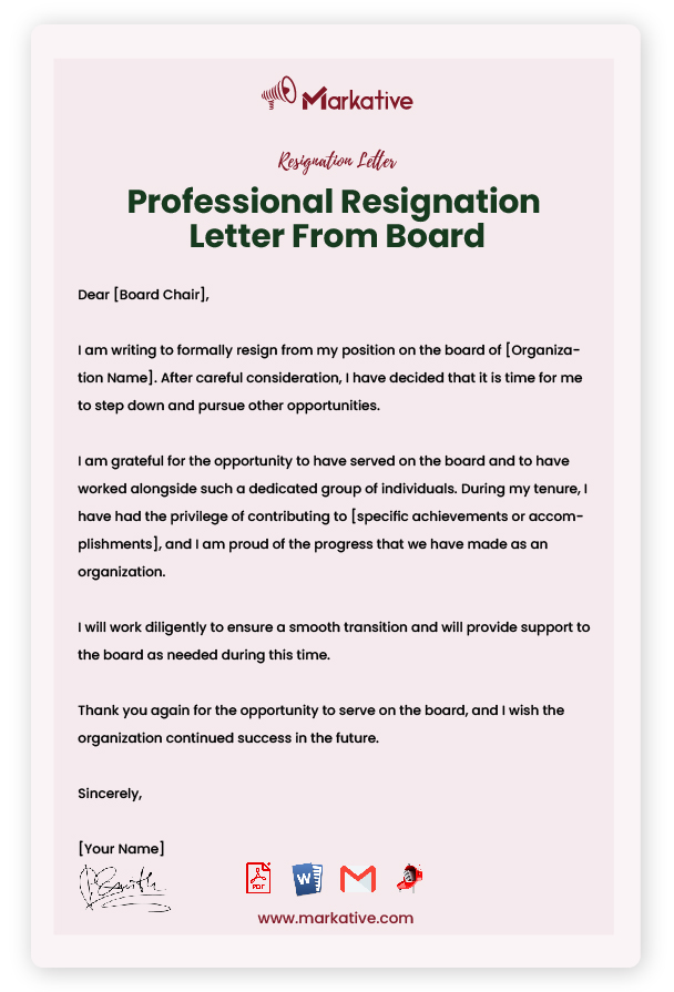 Professional Resignation Letter From Board