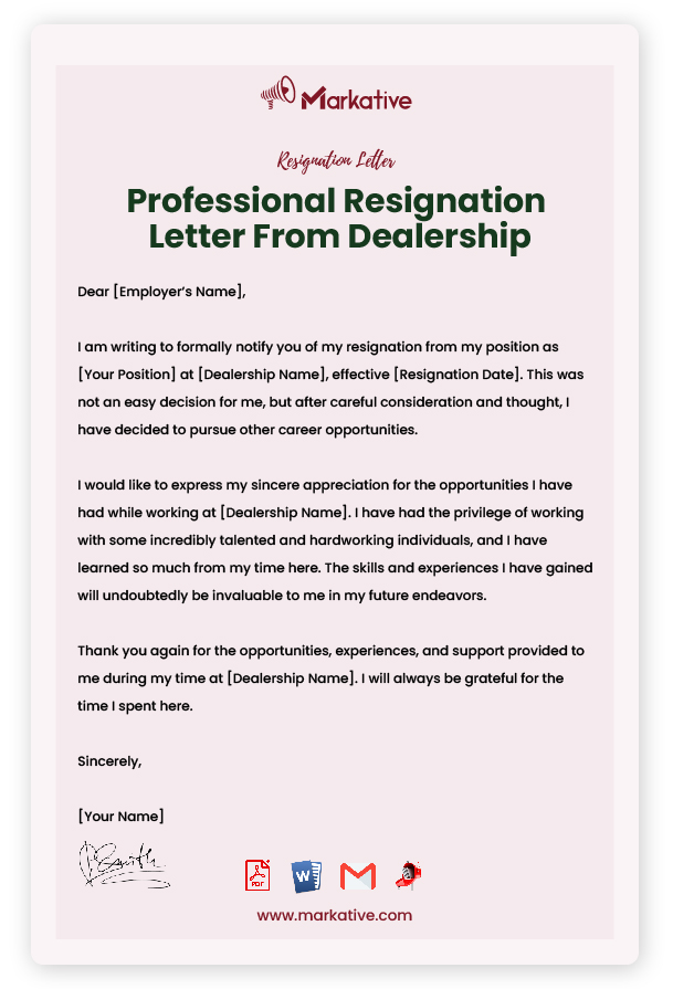 Professional Resignation Letter From Dealership