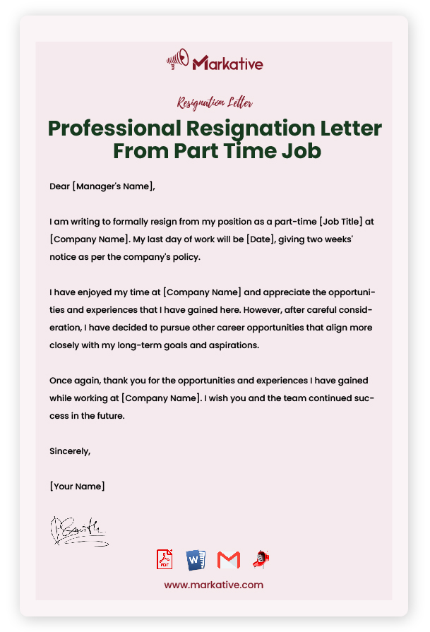 Professional Resignation Letter From Part Time Job