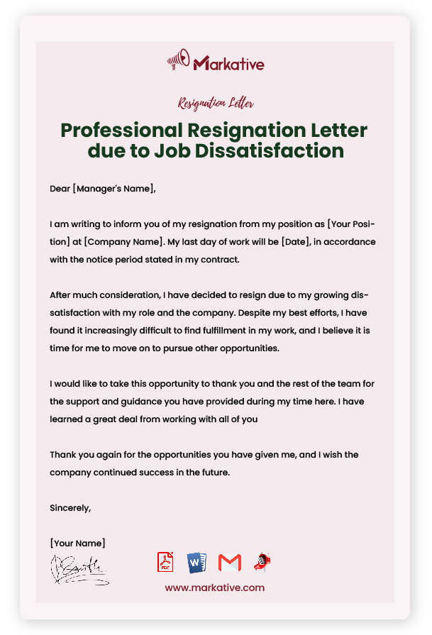 Professional Resignation Letter due to Job Dissatisfaction
