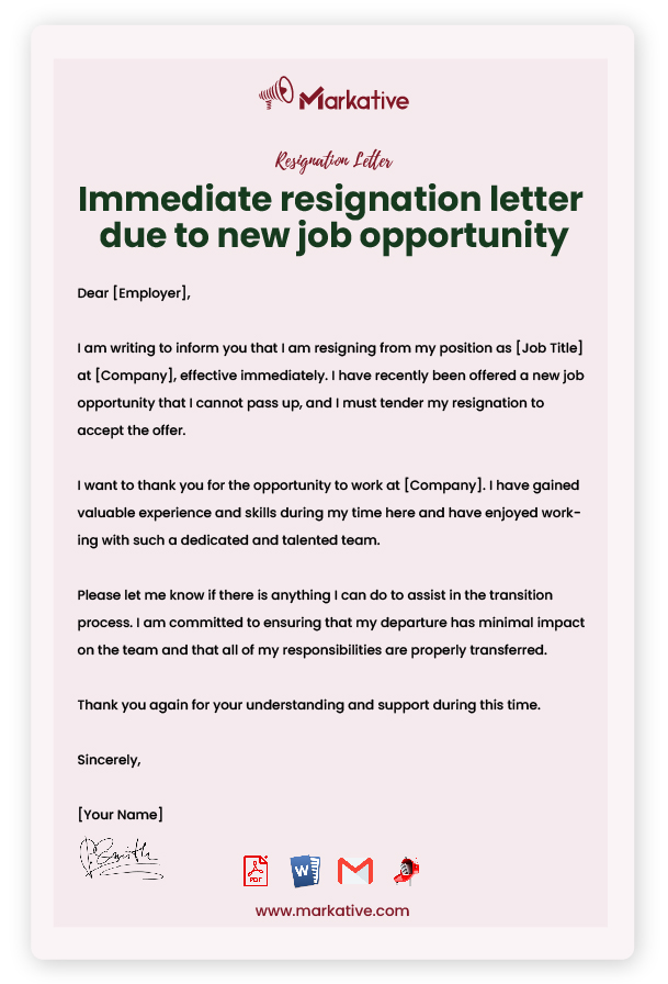 Professional Resignation Letter due to New Job Opportunity