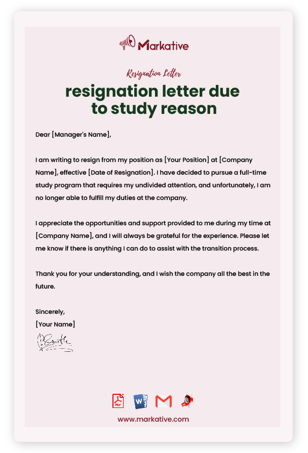 Professional Resignation Letter due to Study Reason