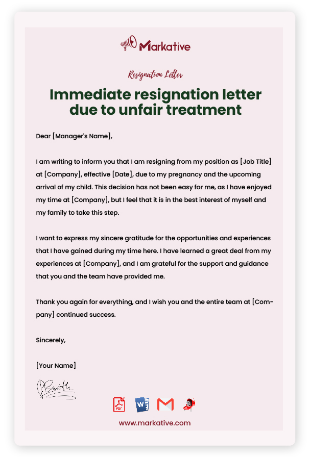 Professional Resignation Letter due to Unfair Treatment