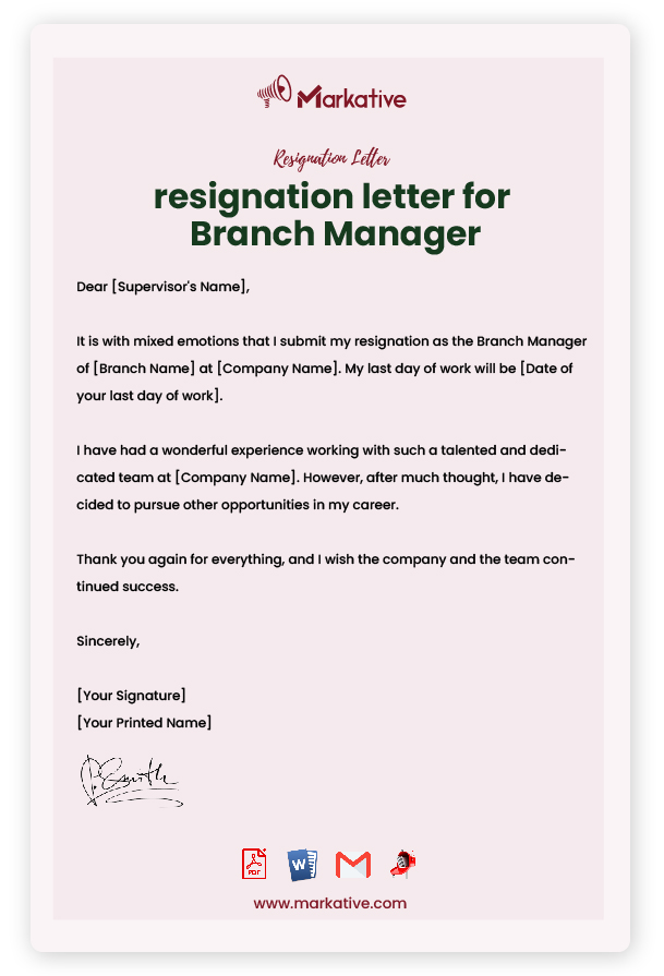 Professional Resignation Letter for Branch Manager