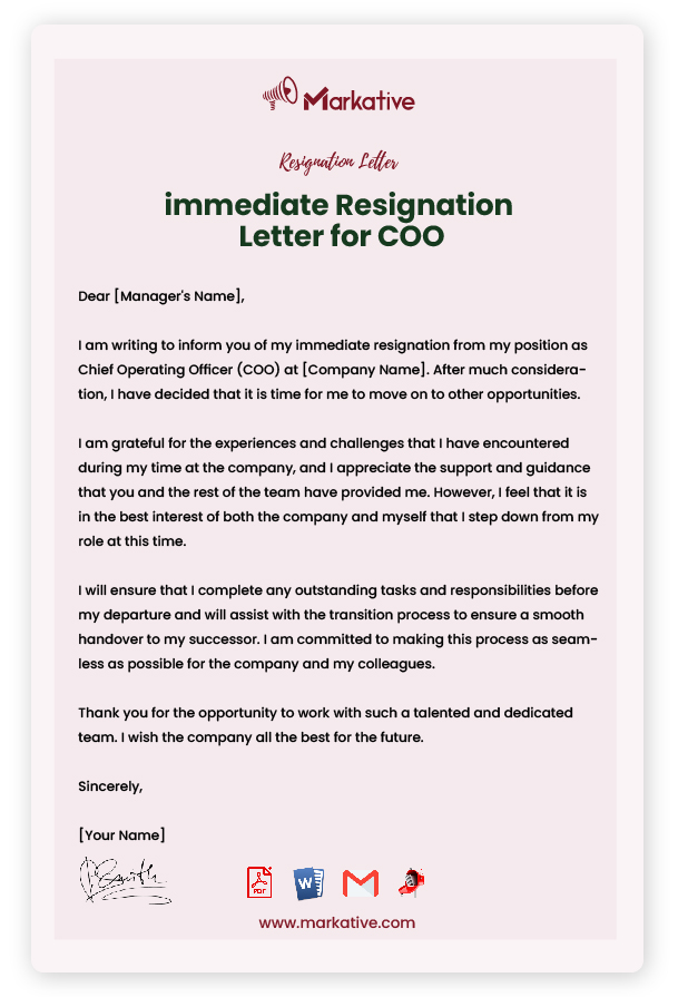 Professional Resignation Letter for COO