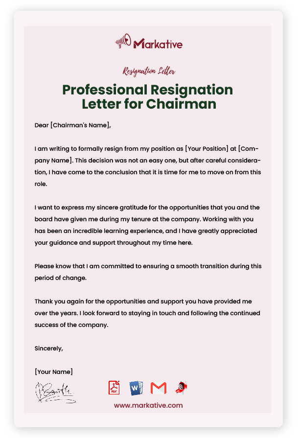 Professional Resignation Letter for Chairman