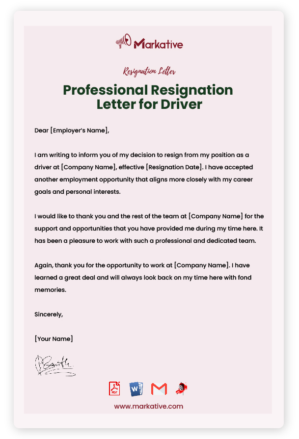 Professional Resignation Letter for Driver