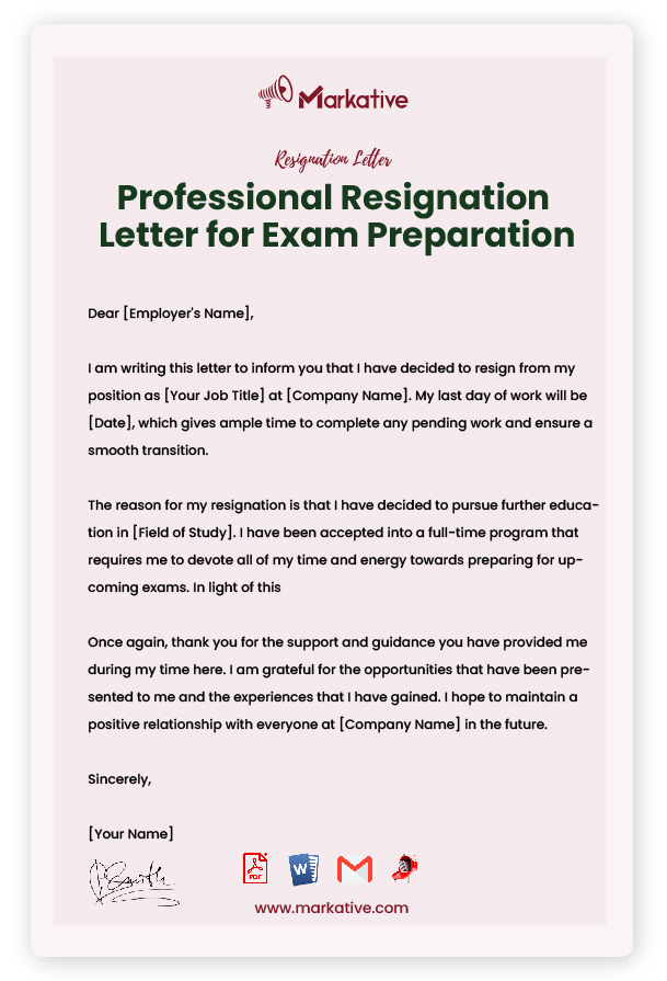 Professional Resignation Letter for Exam Preparation