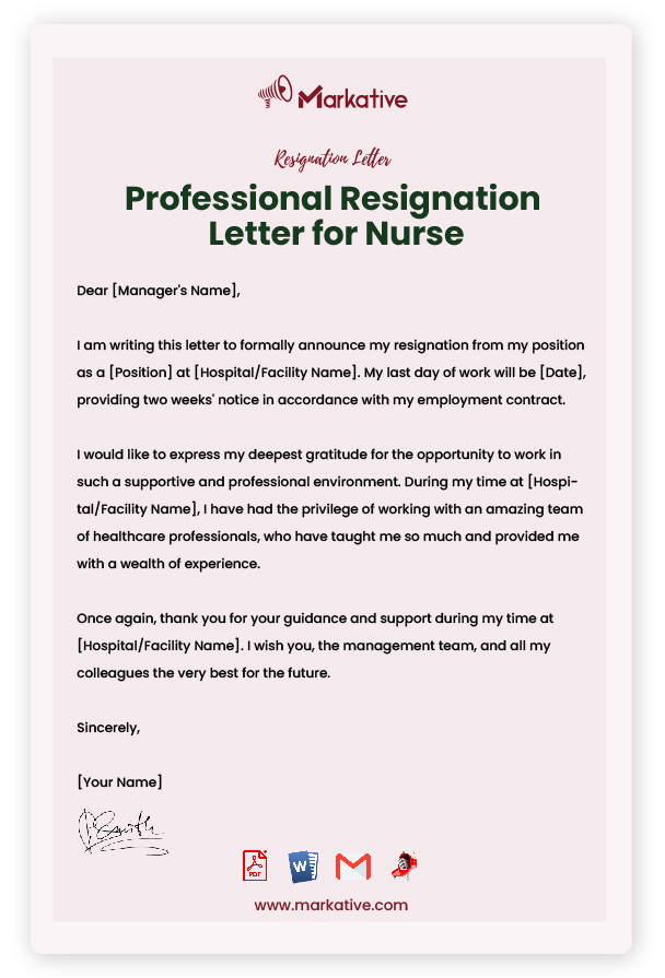Professional Resignation Letter for Nurse