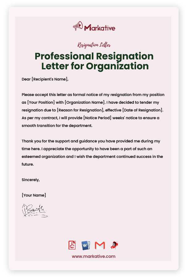 Professional Resignation Letter for Organization