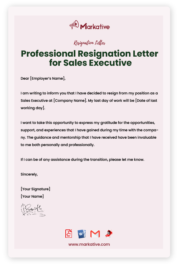 Professional Resignation Letter for Sales Executive