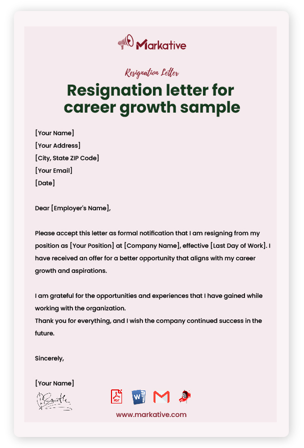 Professional Resignation Letter for career Growth