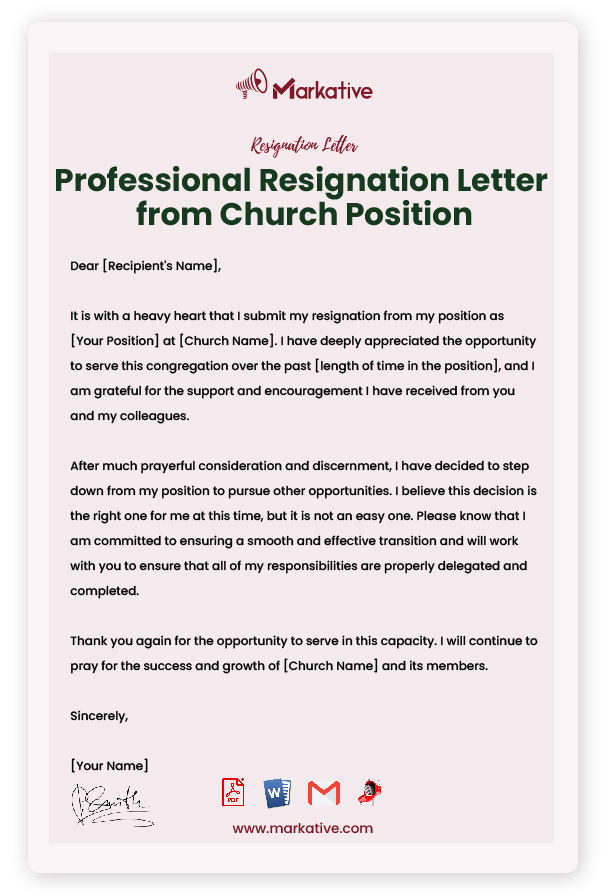 Professional Resignation Letter from Church Position