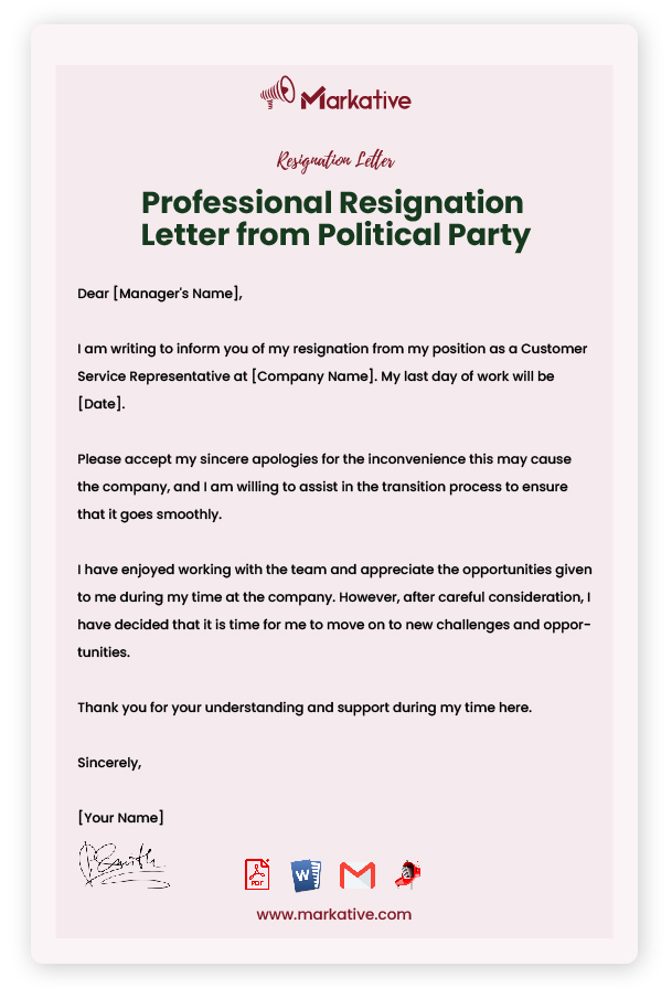 Professional Resignation Letter from Political Party