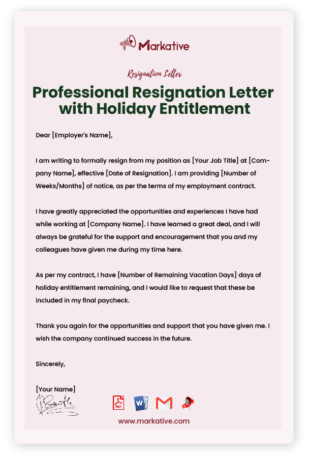 Professional Resignation Letter with Holiday Entitlement