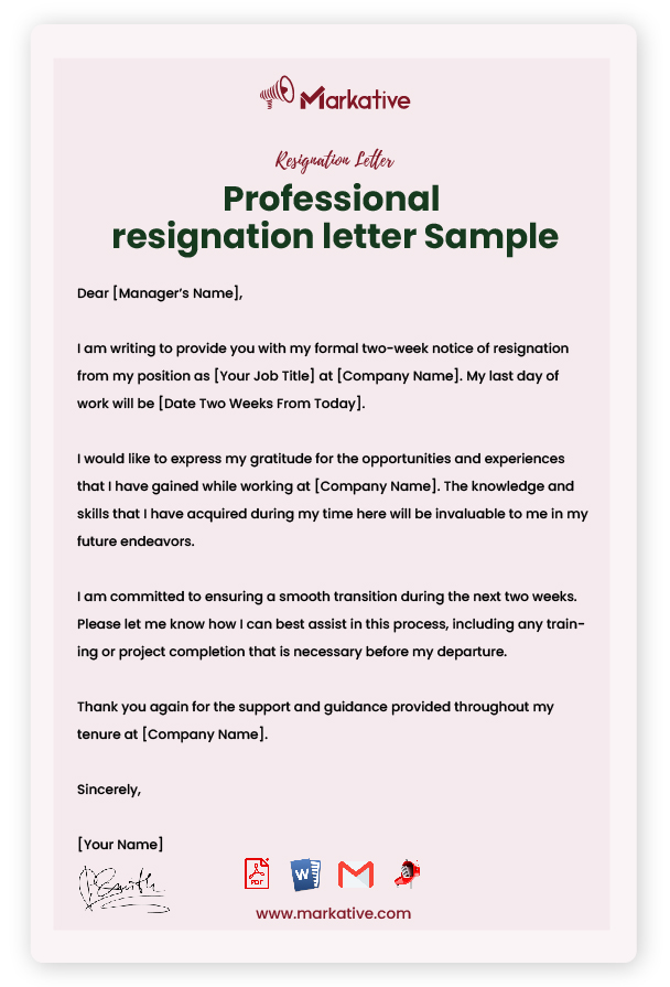 Professional Resignation Letter without Reason