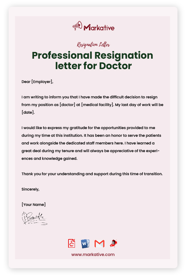 Professional Resignation letter for Doctor